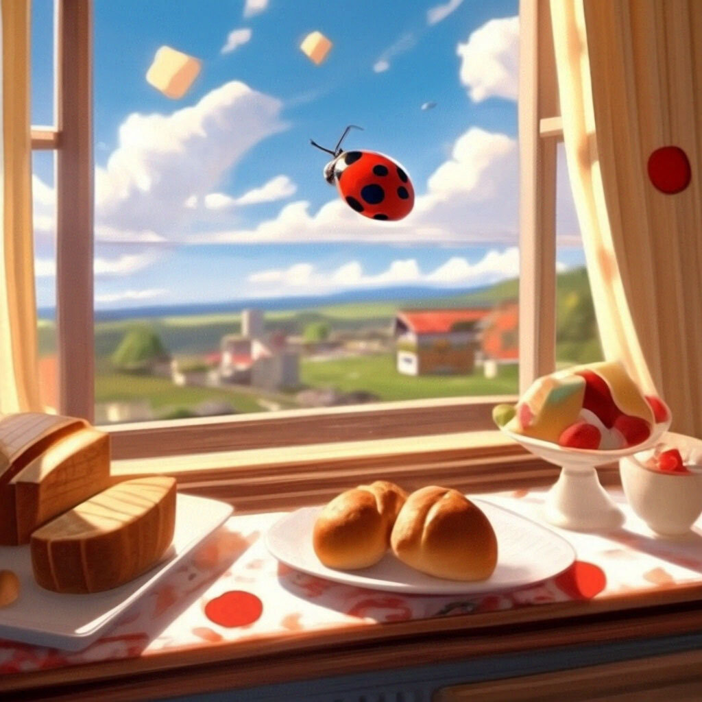 открытое окно детской комнаты, на белой тарелке лежит хлеб и конфеты, за окном вдали на небе летит божья коровка  
аниме, ретро
