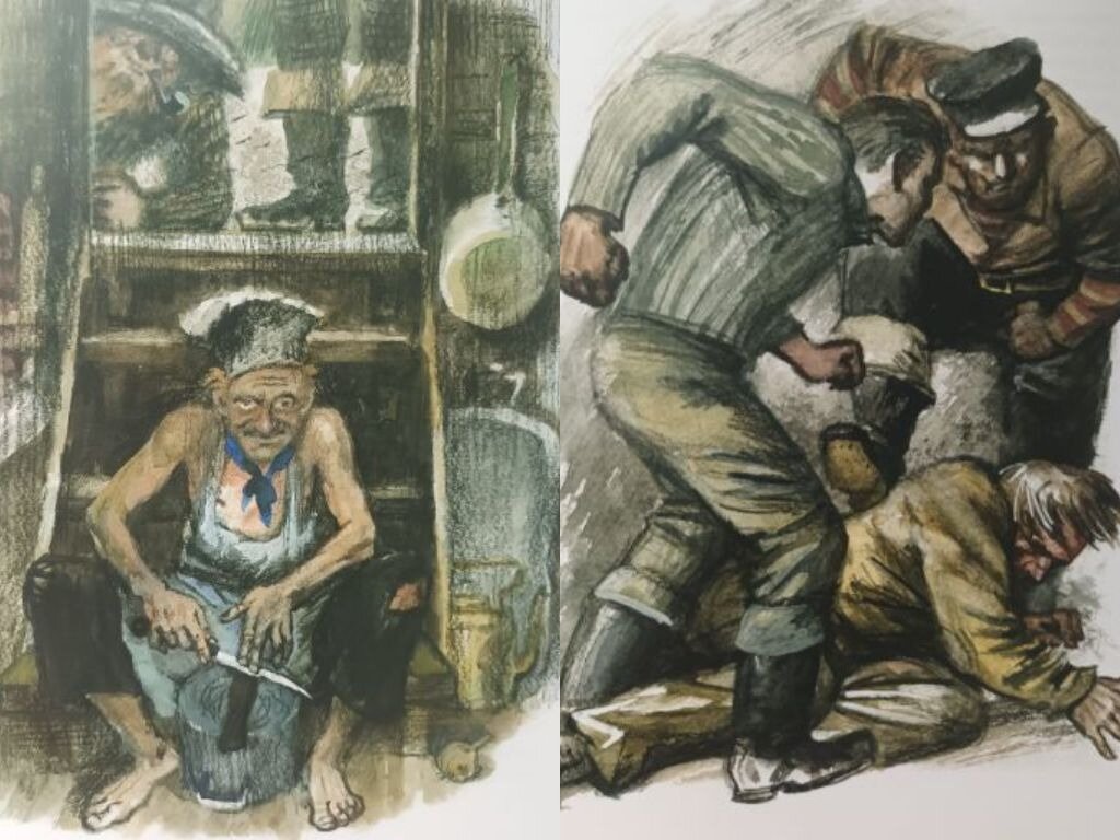 Петр Любаев уловил и характер персонажей, и настроения  (посмотрите, с какими глазами кок точит нож на Хэмфри)