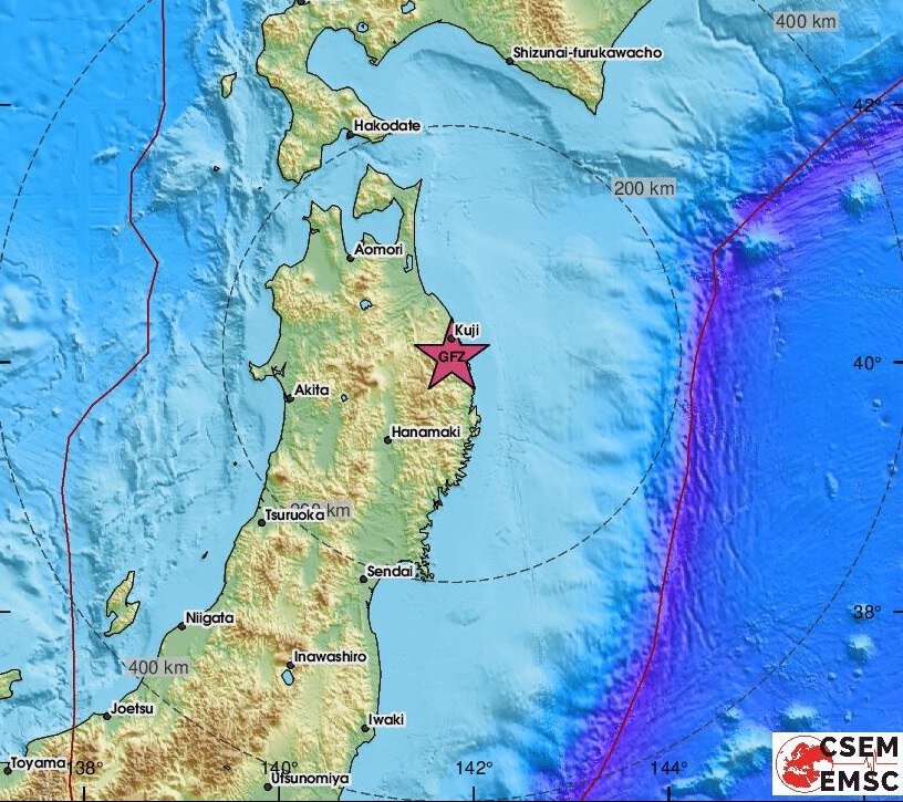1 апреля 2024 землетрясение магнитудой 5.9 на острове Хонсю, в префектуртуре Иватэ, Япония