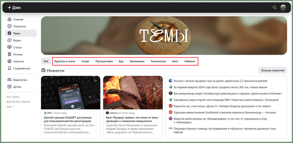 Список "тем" на Дзен.ру