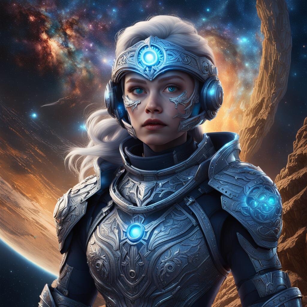 Meet Luna Starlight, a fearless intergalactic explorer with a heart as vast as the cosmos. With her luminous silver armor gleaming in the starlight and eyes that shimmer like distant galaxies, Luna traverses the galaxy, uncovering ancient mysteries and forging new alliances among the stars.