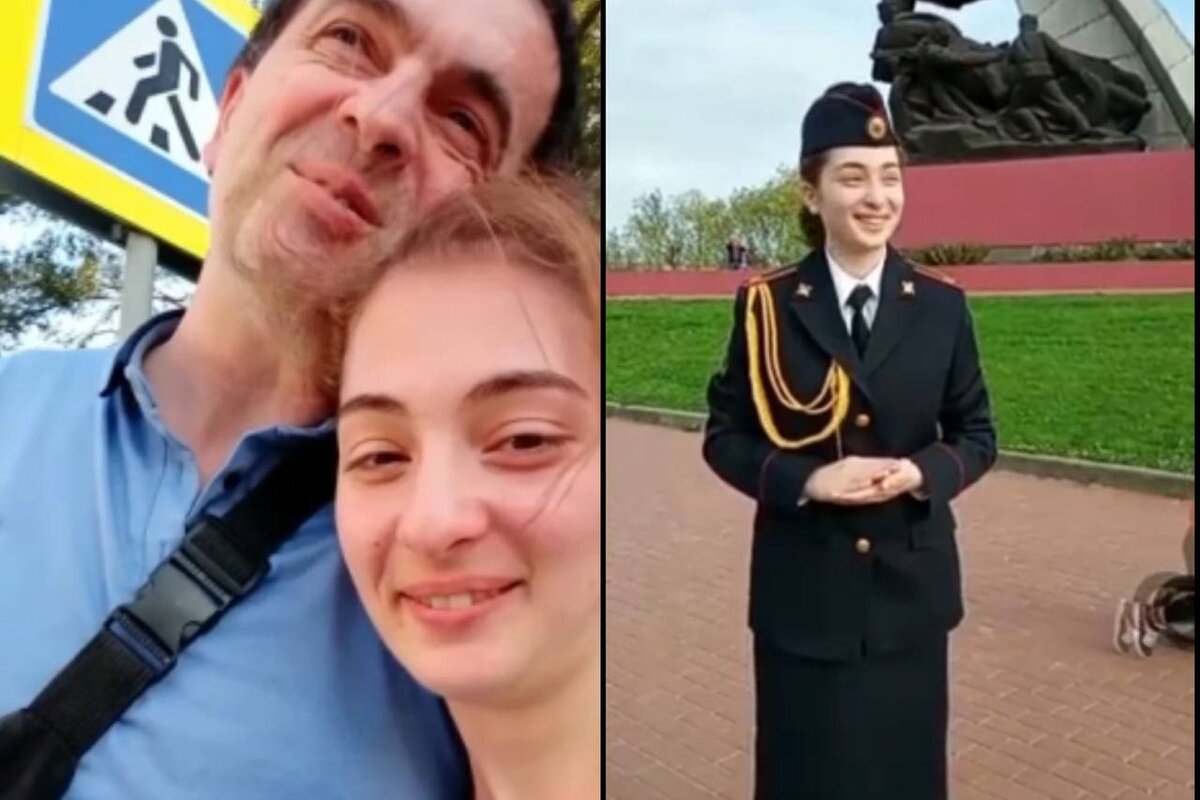 Анна Цомартова с отцом Николаем и Анна Цомартова в форме курсанта Ростовского юридического института ФСБ. Фото: tg-канал "Анна Цомартова"
