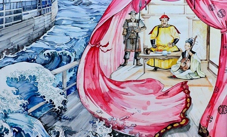 Император переплывает море.