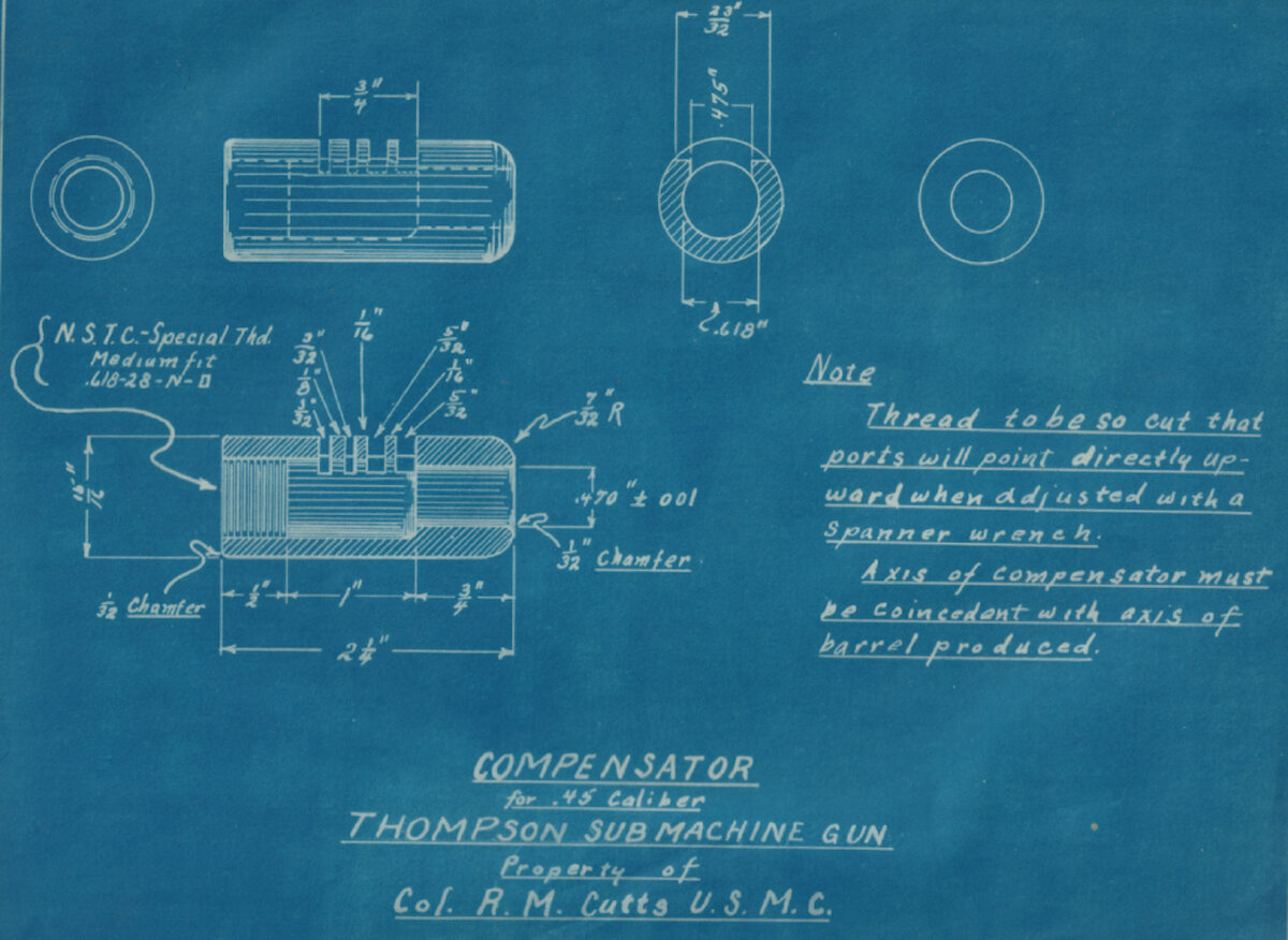 Схема компенсатора Каттса для пистолета-пулемёта Томпсона 