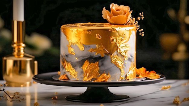 Шоколадный торт с золотыми листьями