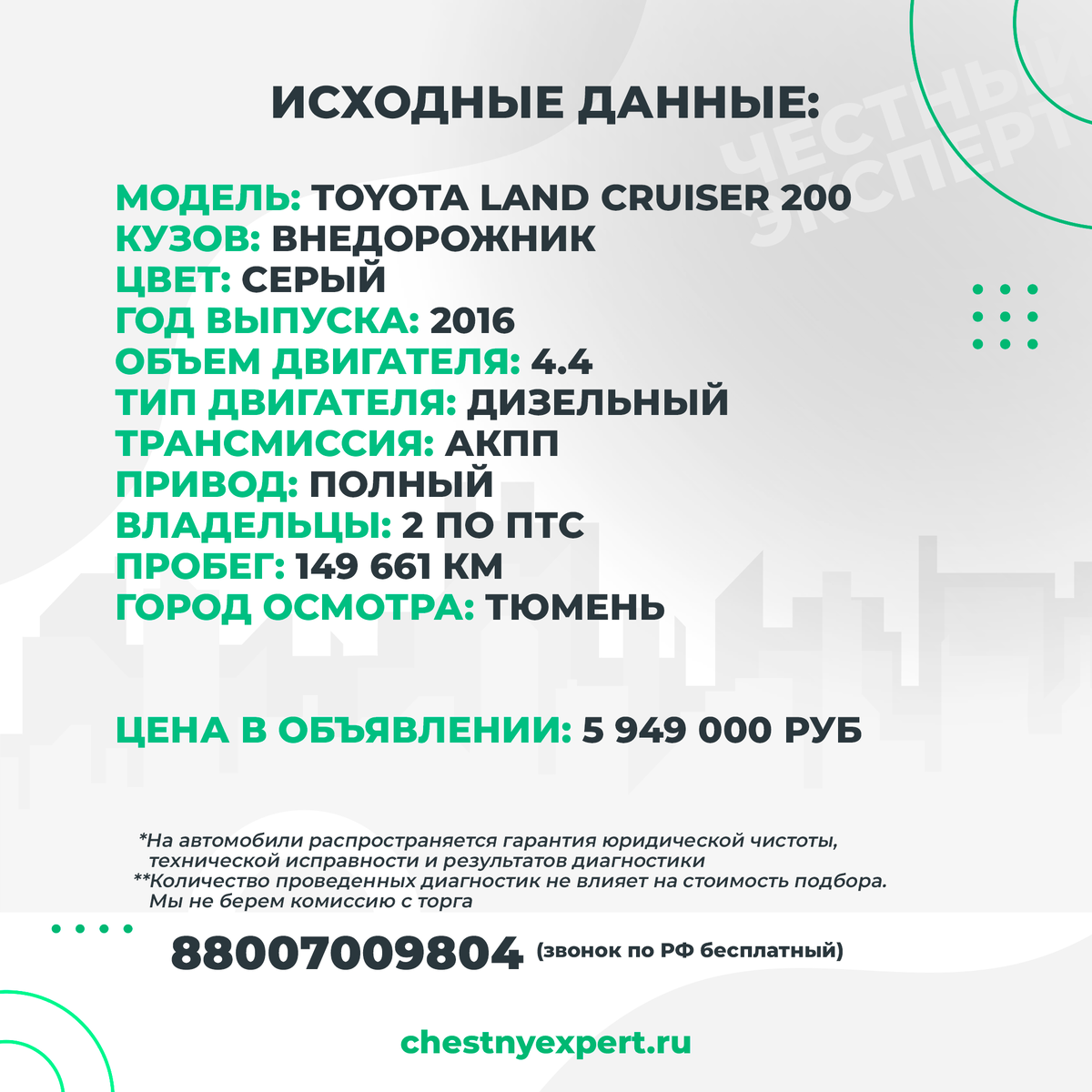 Разовая выездная диагностика: TOYOTA LAND CRUISER 200 2016 г.в. за 5 949  000 рублей. | ЧЕСТНЫЙ ЭКСПЕРТ - подбор авто | Дзен