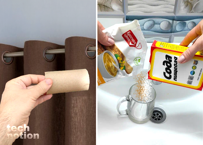 Зачем вешать втулку туалетной бумаги на гардину, а горчицу смешивать с содой / Изображение: дзен-канал technotion