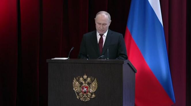 Путин выступает на коллегии МВД, 2 апреля 2024 года (кадр видео – источник сайт Кремля – kremlin.ru/catalog/keywords/115/events/73770)