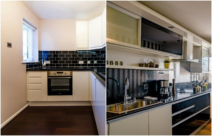 Сочетание черного и белого часто используется в кухонных интерьерах