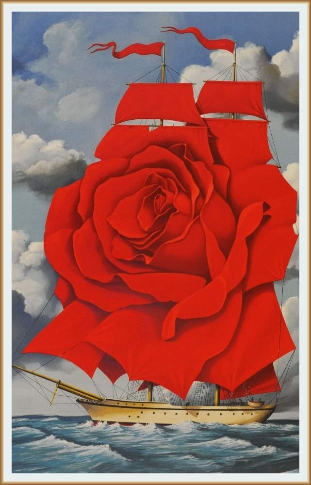 Картина художника Рафала Ольбинского / Rafal Olbinski под названием ""Идентичность значения"  2020 год или " Корабль с красной розой "