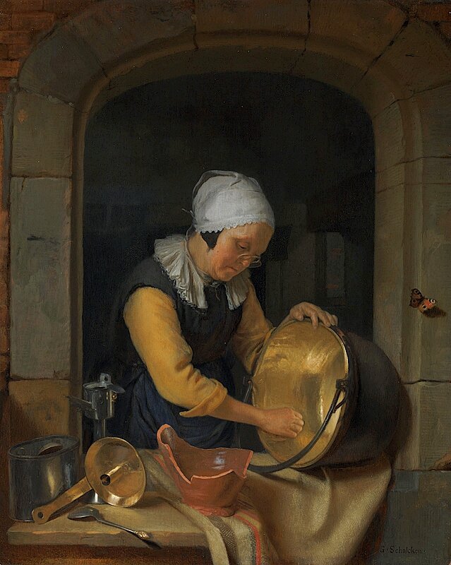 Годфрид Шалкен, «Пожилая женщина, чистящая горшок»,1660- е, дуб, масло, 28,5 × 22,8 см, Национальная галерея, Лондон