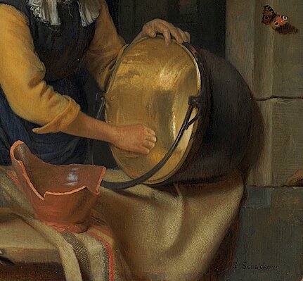 Годфрид Шалкен, «Пожилая женщина, чистящая горшок»,1660- е, фрагмент