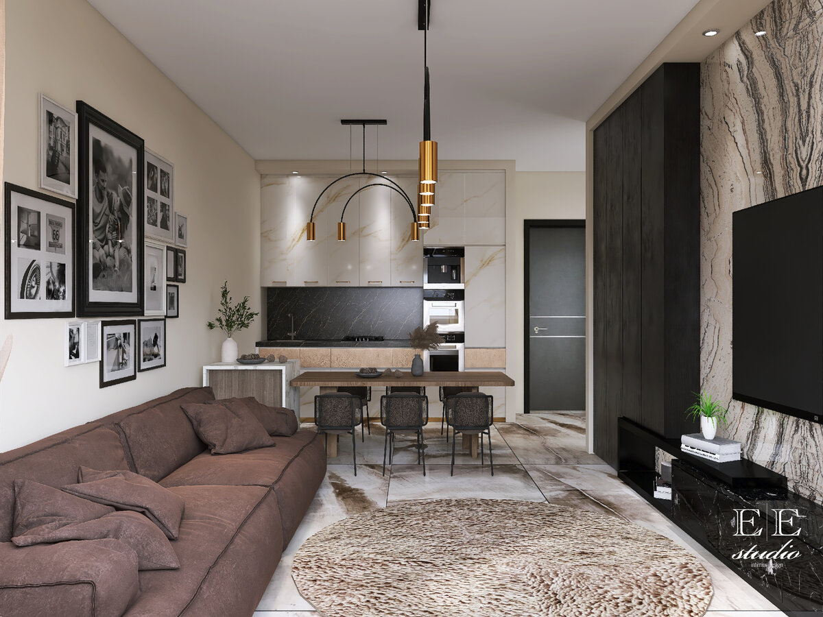 Современный интерьер гостиной комнаты с кухней для молодой семьи.