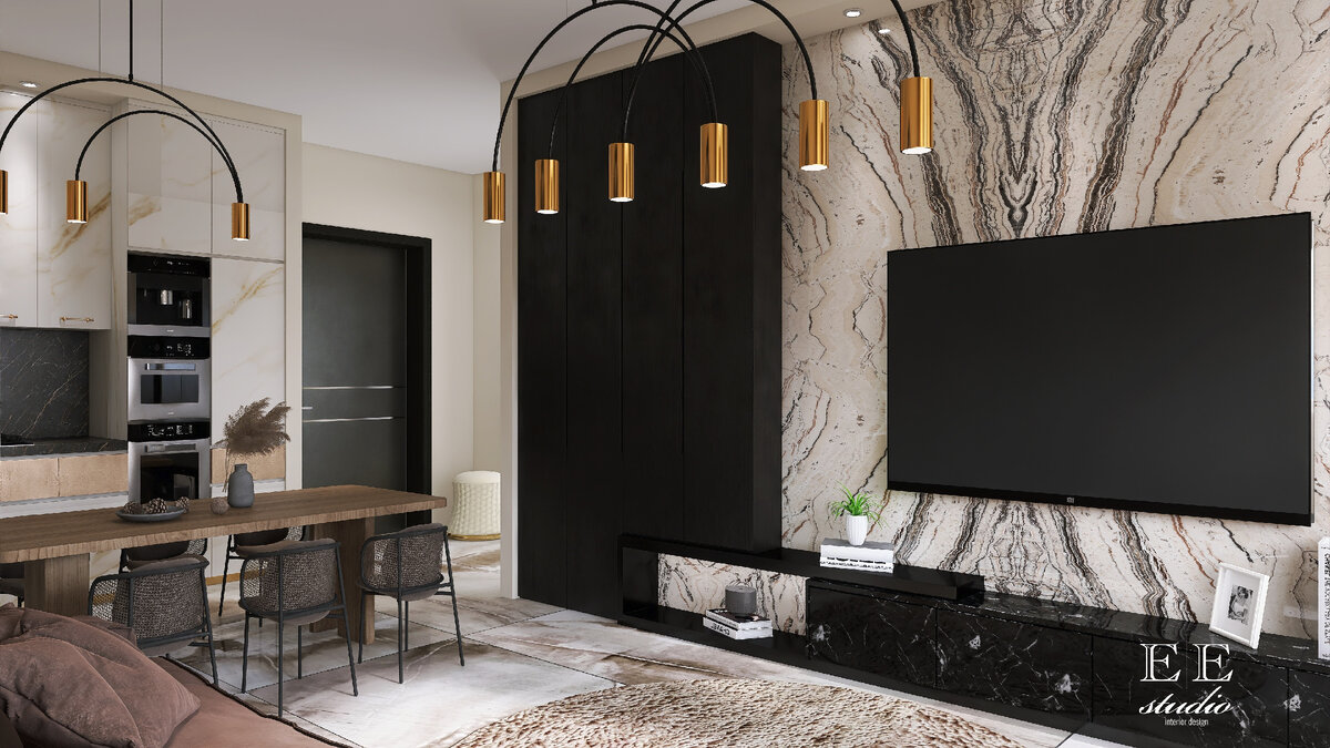 Современный интерьер гостиной комнаты с кухней для молодой семьи.