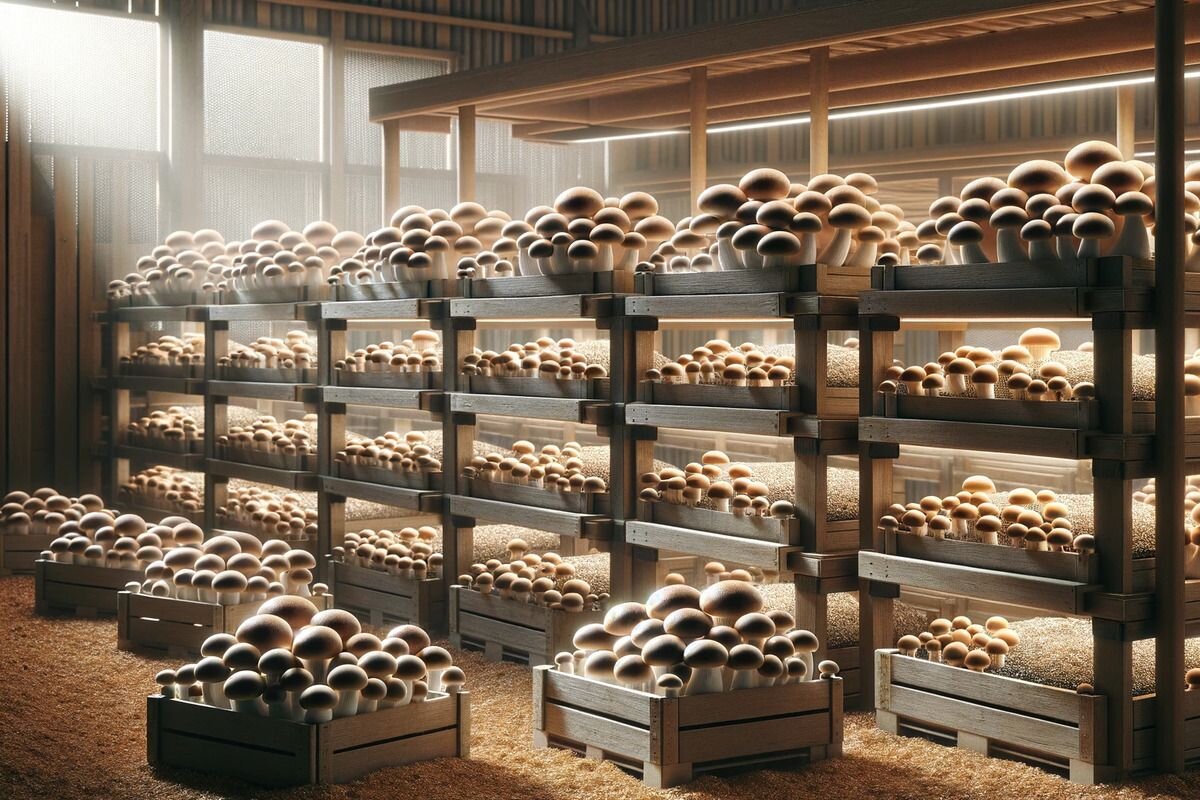 На грибных фермах шампиньоны часто выращивают в ящиках, расположенных на стеллажах. Источник: нейросеть📷
