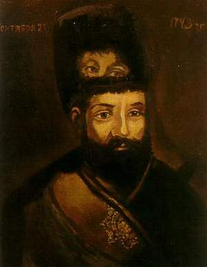 Царский портрет Пугачёва, нарисованный поверх портрета Екатерины II. Считался раньше подлинным изображением, но оказалось, что писан уже в 19 веке и не факт, что именно поверх изображения именно Екатерины.