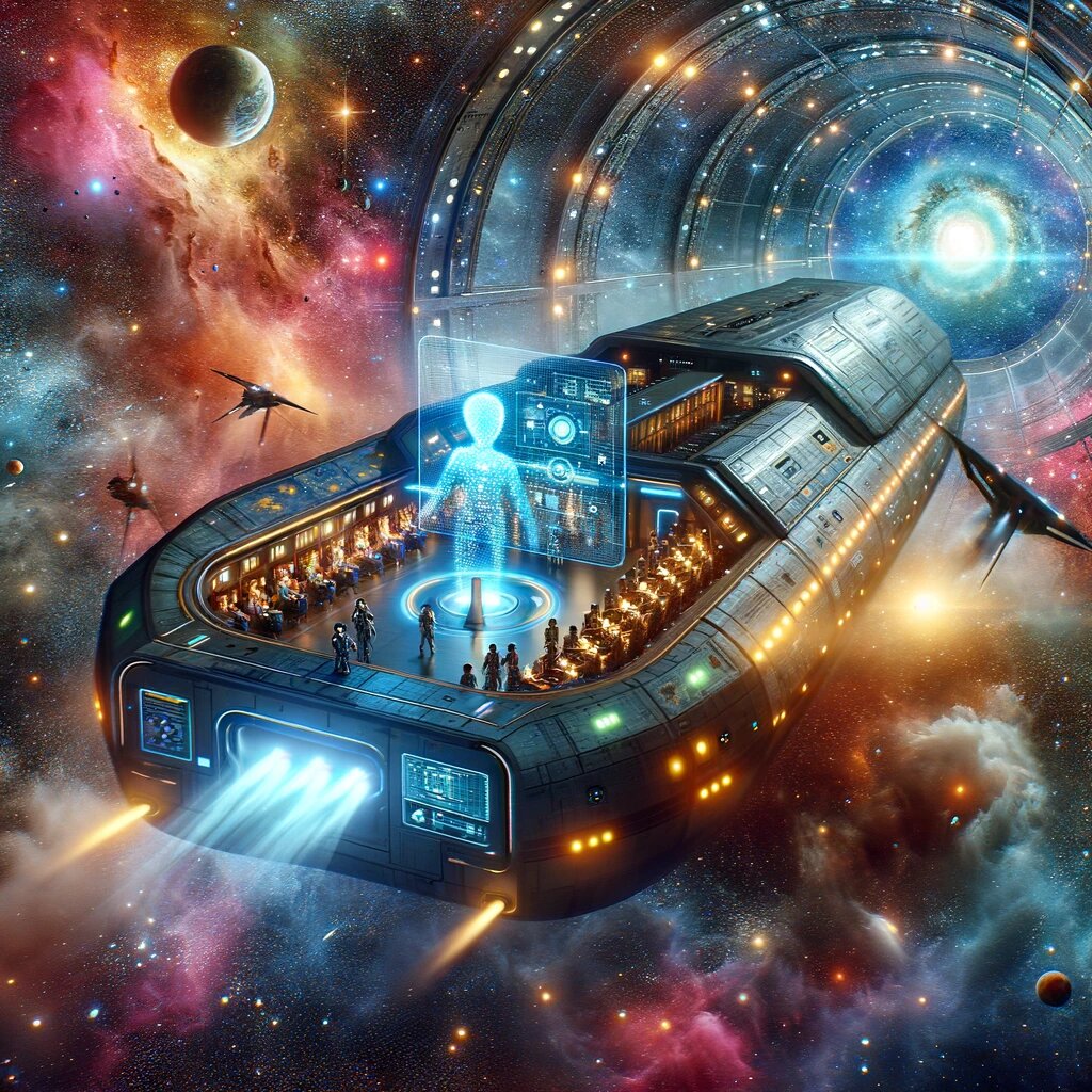 Путешествие космического ковчега по космосу под управлением дружелюбного и умного искусственного интеллекта. 