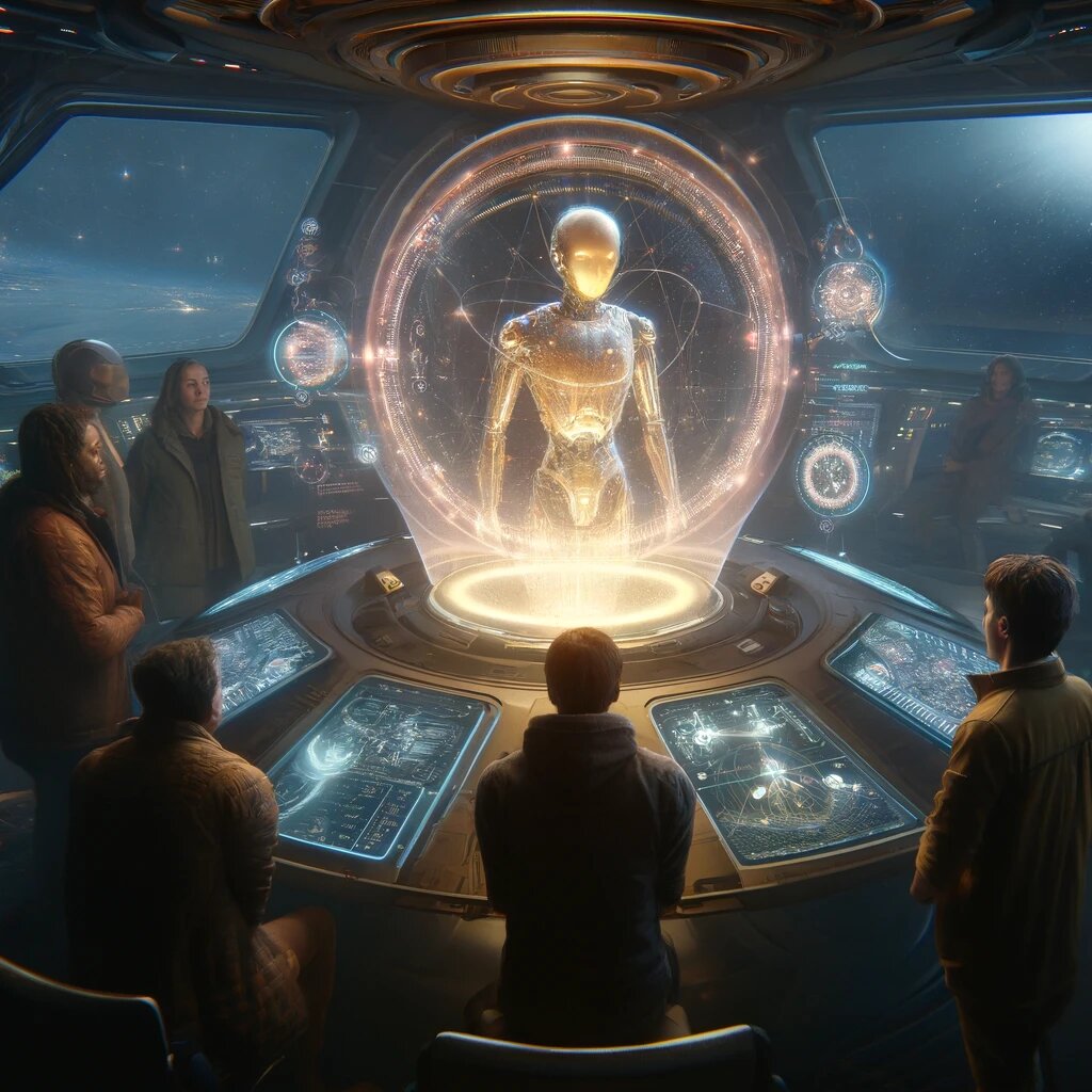 Человечество консультируется со своим искусственным навигатором Алексеем на борту своего космического корабля. 