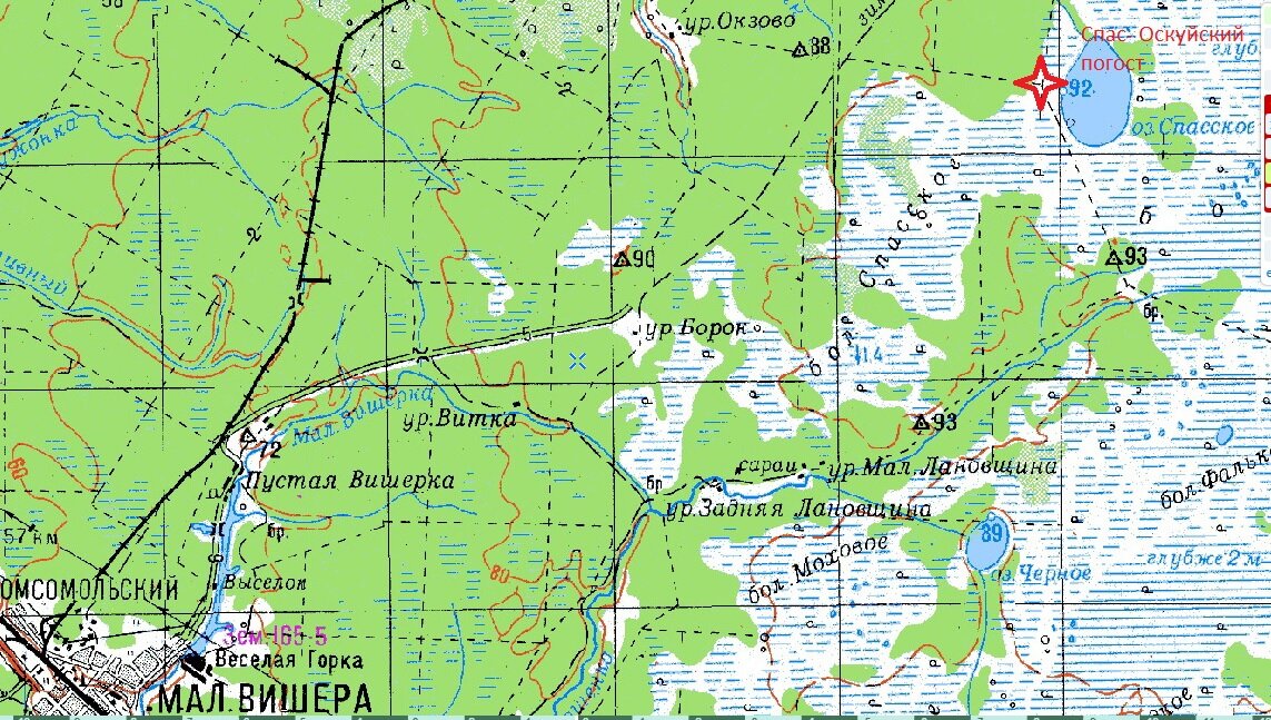 Карта со Спас-Оскуйским погостом, масштаб 1 см - 2 км. 