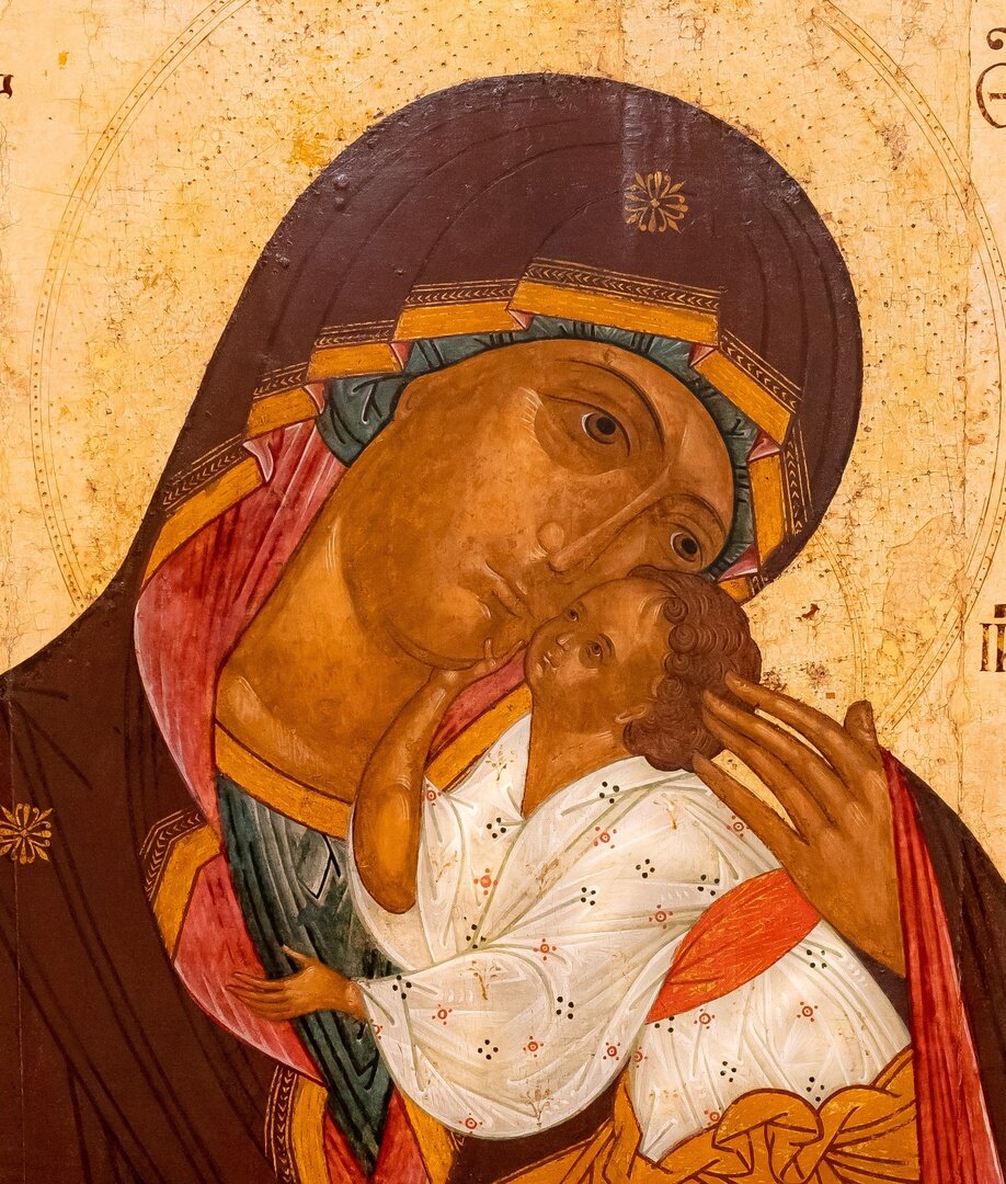 Богоматерь Умиление. Из иконостаса Николо-Дворищенского собора в Новгороде. 1460 гг. 176х122 см. Из собрания Новгородского художественного музея.