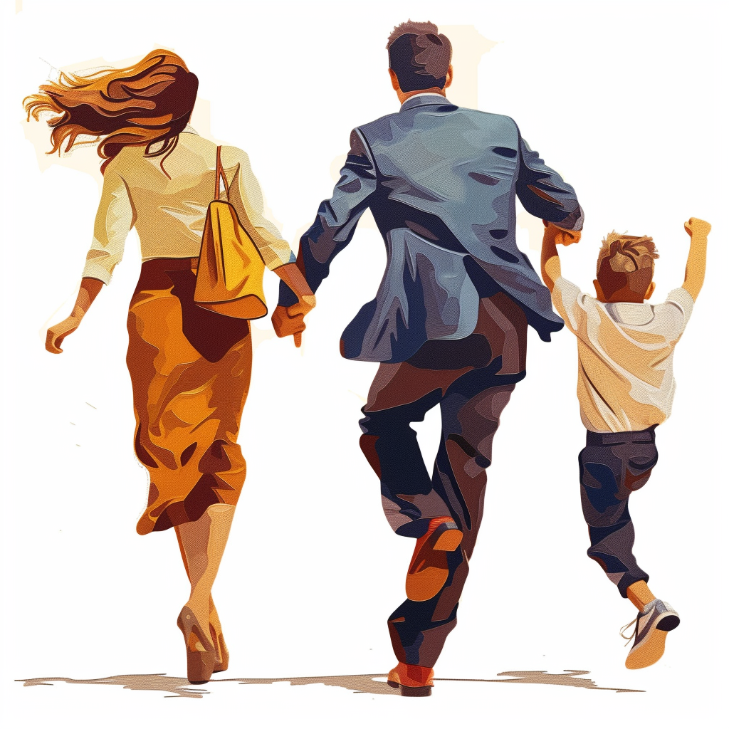 Midjourney Bot, prompt: "management conception run change disrupt in positive way 3 people - wife, husband, son"