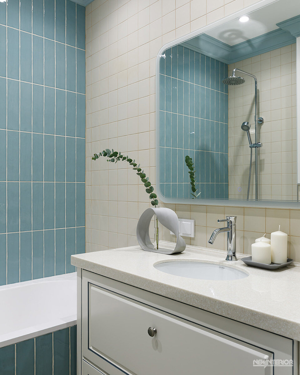 Интерьер ванной комнаты в нашем готовом проекте квартиры, расположенной в ЖК Галактика PRO. Помещение ванной комнаты довольно компактное по своей площади: всего 3,1 квадратный метр.-2