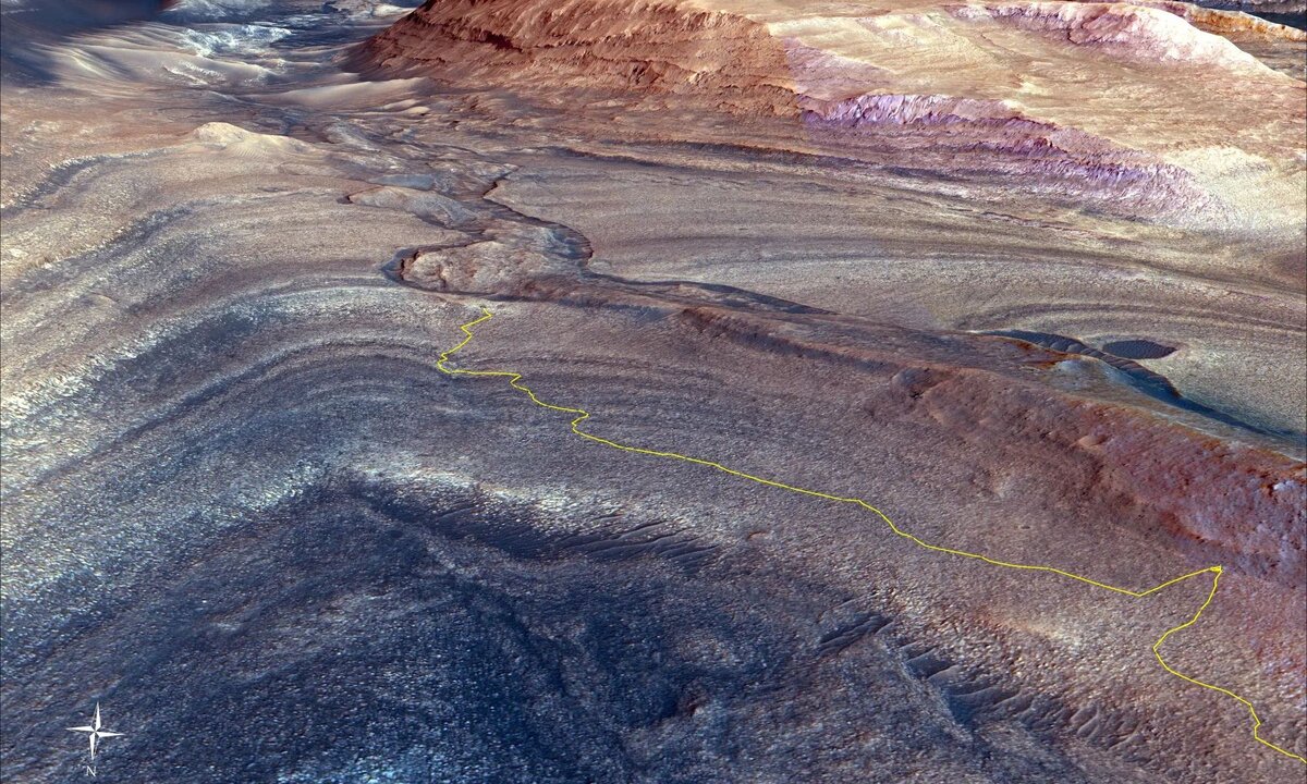 Путь, который марсоход Curiosity прошёл, чтобы достичь канала долины Гедиз, обозначен жёлтым цветом на этой визуализации, созданной на основе орбитальных данных. Справа внизу — точка, где марсоход свернул, чтобы поближе рассмотреть гребень, образованный обломков с вершины горы Шарп.     
 ??????Источник: NASA / JPL-Caltech / UC Berkeley  📷
