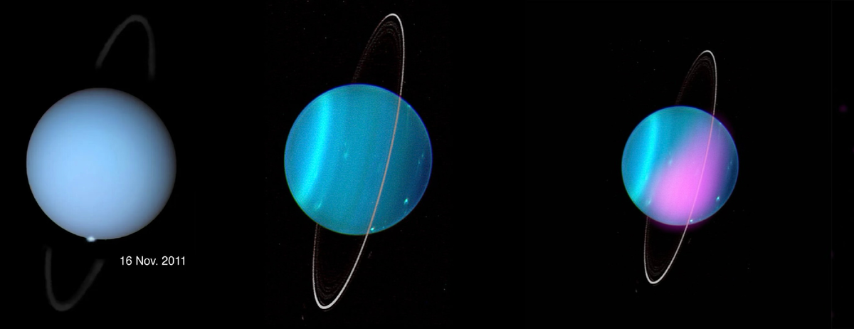 Слева: видимый диапазон в "цветах Хаббл", в центре: инфракрасный диапазон в искусственных цветах обсерватории KECK, справа: рентгеновский диапазон космической обсерватории "Чандра", источник: https://dzen.ru/a/ZWhhqOESF2CEVzuB