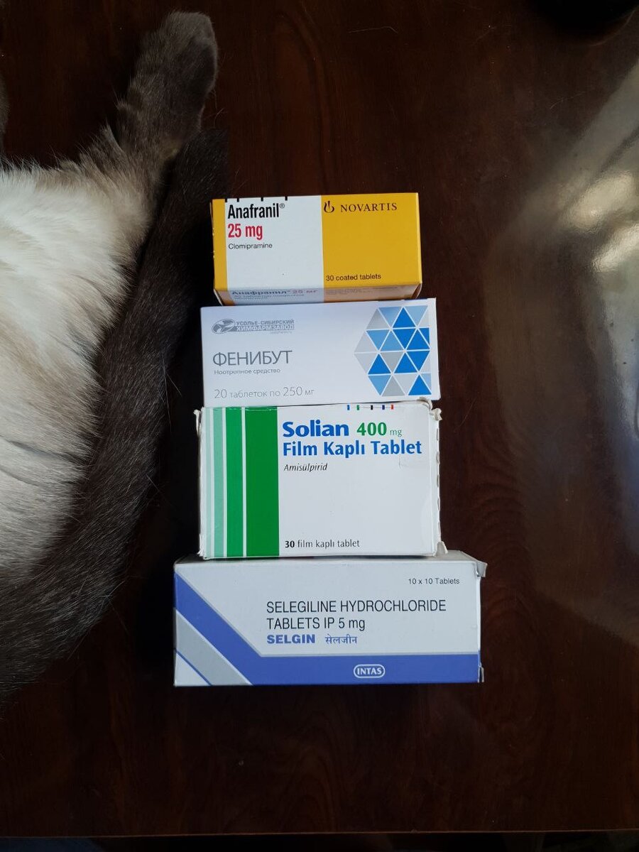 Где достал Солиан в России? Заказываю в Турции. Селигилин мой друг заказывает себе и мне в Индии. Остальное наше - русское. Прегабалин не показываю, так как могу забанить за показ лекарств из III списка (бывали уже случаи)