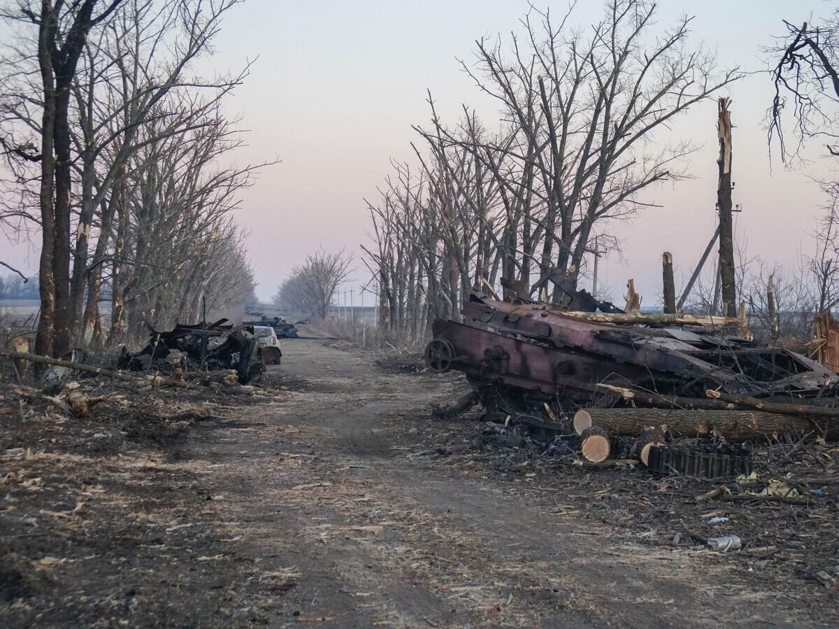    Уничтоженная украинская бронетехника на линии соприкосновения в поселке Степное Донецкой области© РИА Новости / Михаил Андроник