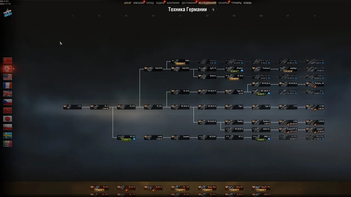 Все доступные в игре ветки танков Германии