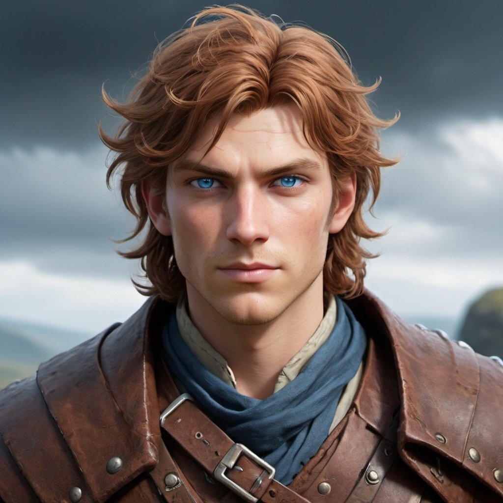 Alex Stormbringer is a young adventurer with a heart as courageous as his name suggests. With rugged features weathered by countless journeys and piercing blue eyes that reflect the determination within, Alex cuts an imposing figure wherever he goes. His tousled chestnut hair, often wind-swept from his many travels, adds to his rugged charm.
