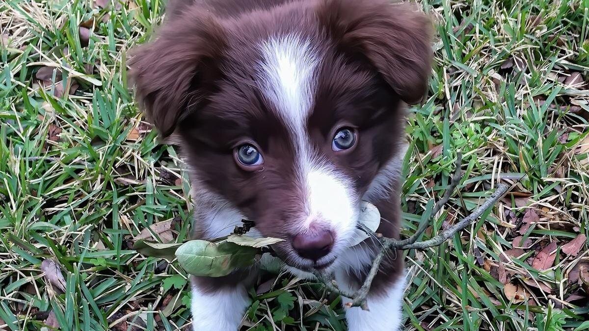    Щенок с веткой в зубах стоит на траве:Pixabay