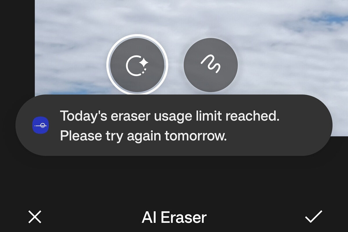 tushichn / community.oneplus.com📷Скриншот с сообщением о превышенном лимите использования AI Eraser