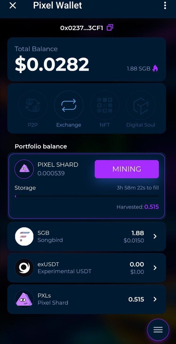 Основное меню кошелька Pixel Wallet