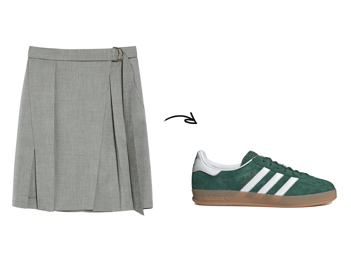 Юбка IBLUES с запахом, кроссовки из замши и кожи на резиновой подошве ADIDAS. Источники: it.iblues.it, luisaviaroma.com.