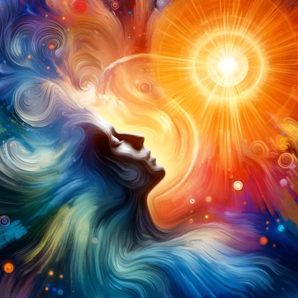 картинка олицетворяет чувство оживления и готовности к новому дню после ночи глубокого, внимательного сна. Искусство воплощает в себе ощущение омоложения и энергичного начала дня, интегрируя визуальные метафоры пробуждения, энергии и положительного влияния медитации перед сном. Яркие, но успокаивающие цвета иллюстрируют динамичный, но мирный старт дня