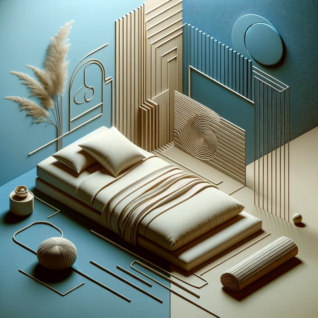 картинка представляет собой визуализацию идеи минималистичного пространства для сна, вдохновленного монашеским образом жизни. На ней изображено умиротворенное и простое пространство, где главенствуют спокойствие и минимализм. Сдержанное оформление, подчеркивают идею глубокого и осознанного сна. Использование успокаивающих цветов передает атмосферу спокойствия и идеального убежища для сна, призванного способствовать восстановлению и возрождению.