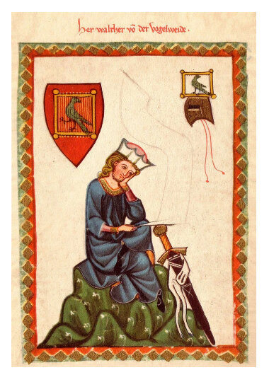 Миниатюра из Кодекса Манессе, известная также как "Гейдельбергская рукопись", датируемая примерно 1300 годом, изображает менестреля, который, сидя на камне, размышляет о Боге и мире. В мае 2023 года ЮНЕСКО внесло Кодекс в список Всемирного документального наследия.