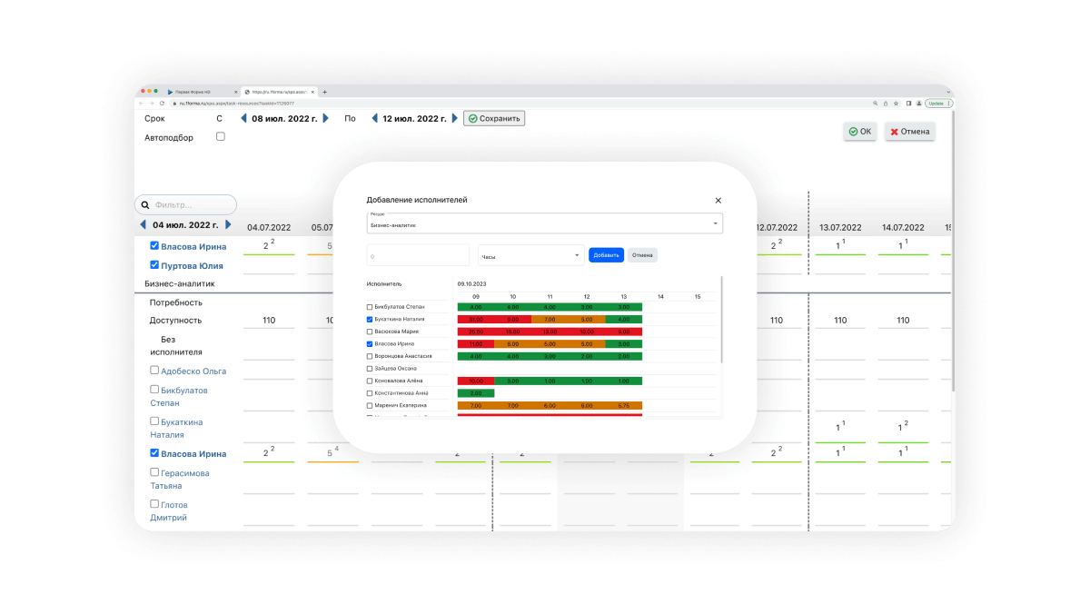 Понять загрузку сотрудника можно, даже бегло взглянув на цвет плашек