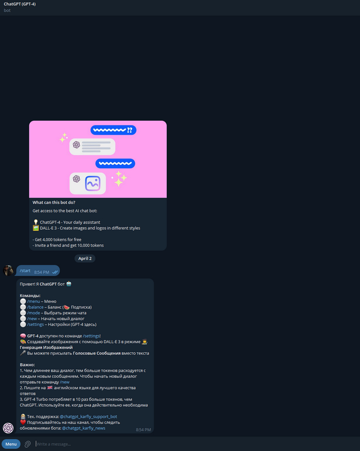 Скриншот из бота https://t.me/chatgpt_karfly_bot