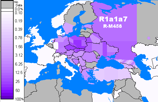 Распространение R1a в Европе, карта не совсем точна. 