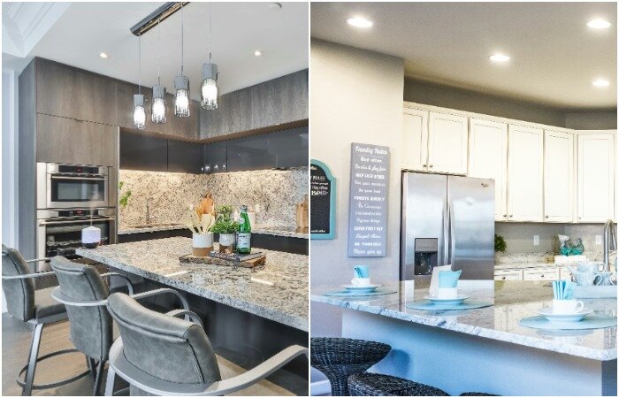 Мрамор имеет красивую текстуру и расцветку, поэтому его часто используют в кухонных интерьерах 