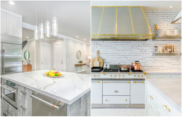 Мрамор гармонично сочетается с деревом и позолоченными элементами 