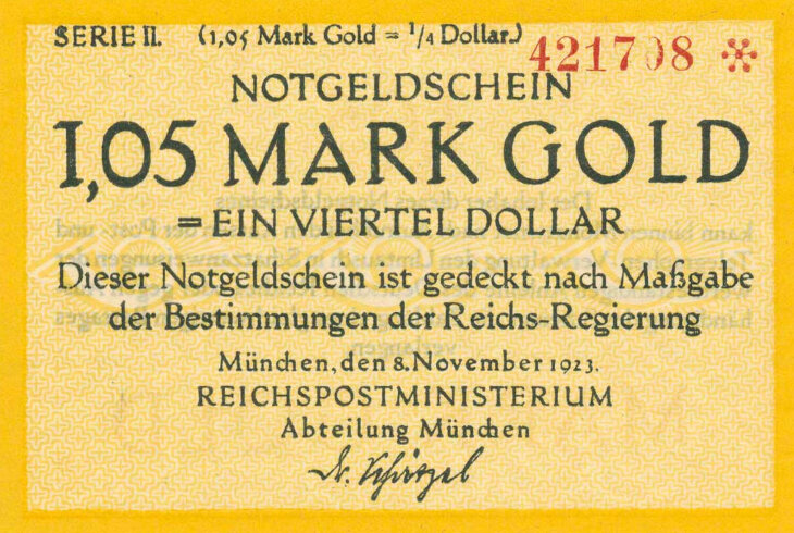 Имперское почтовое министерство, Мюнхен. 1,05 золотая марка 1923 (аверс)