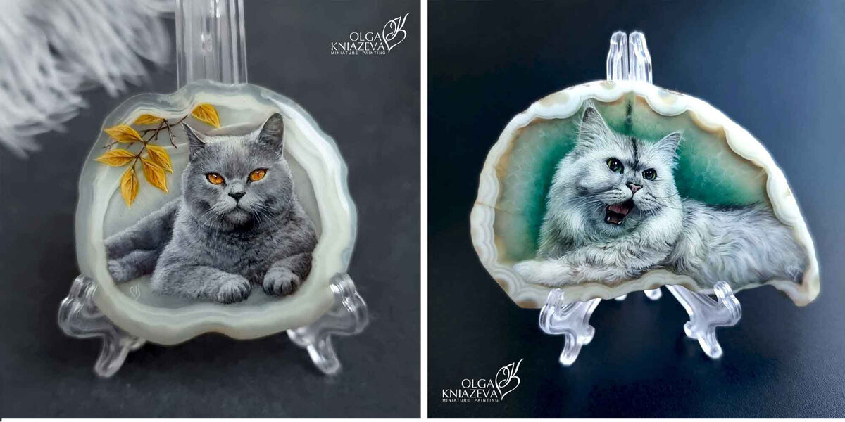 Каменные панно агата с миниатюрным рукописным портретом кошки (ювелирная живопись Ольги Князевой)