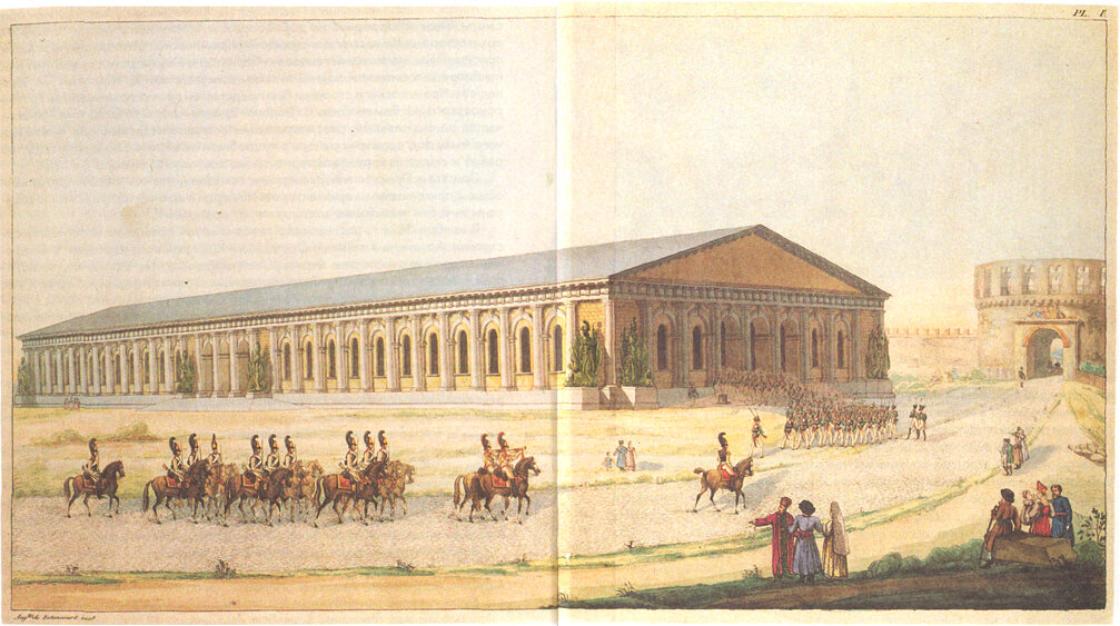 «Московский Манеж. Вид со стороны Моховой ул.», акварель Августина Бетанкура. Ок. 1817 г.