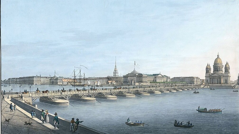 Несохранившийся Исаакиевский наплавной мост в Санкт-Петербурге — одно из детищ Бетанкура, 1820-е гг.