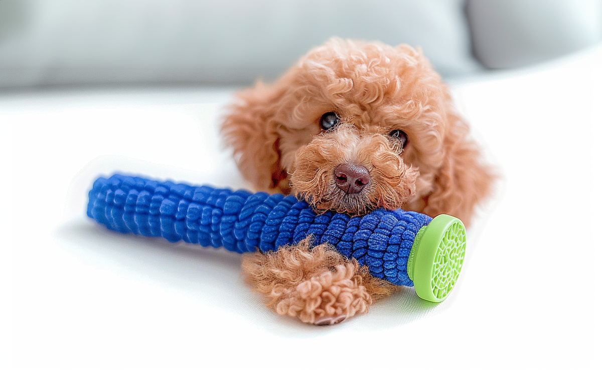 Щенок пуделя с прорезывателем для зубов / Изображение: AlphaPet Добавьте описание