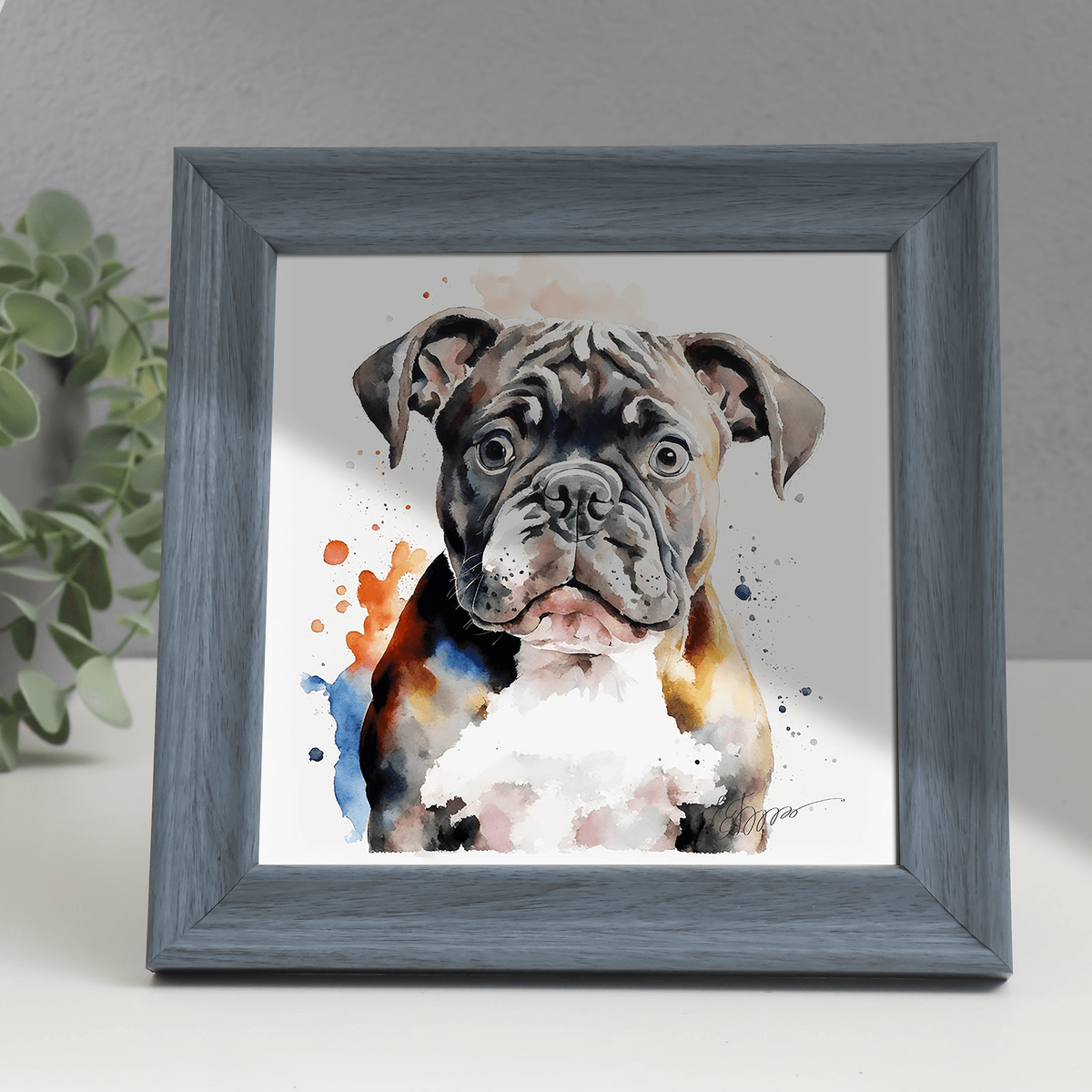 Картина "Щенок американского бульдога Харвет". # АМ-0019. В серо-голубой рамке 18х18 см, размер изображения 15х15 см. 